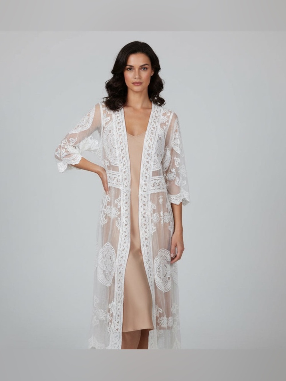 Rebellion Sheer White Embroidered Lace Long Cardigan
